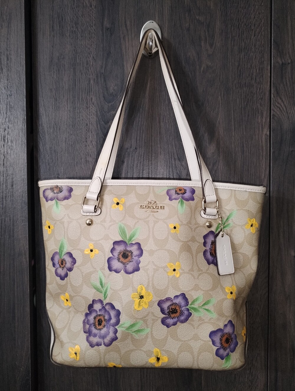 Coach Signature Canvas Floral Hand Painted Tote Bag Custom Painted White Purple